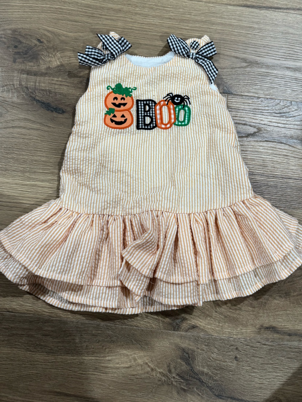 Baby Girls Lil Cactus Striped Halloween Ruffle Dress with Gingham Bows
